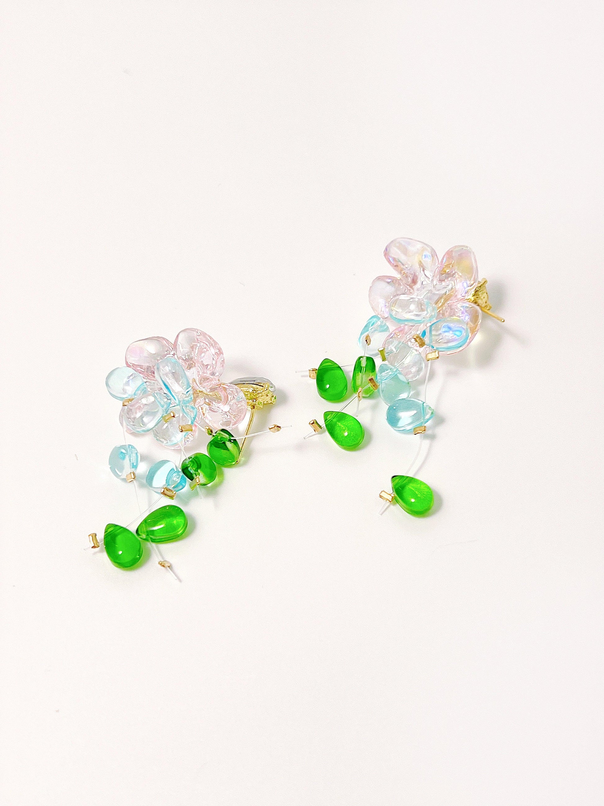 Green Pink Flower Stud Earrings