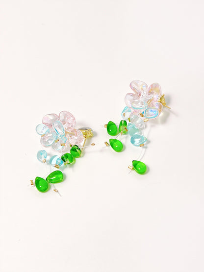 Green Pink Flower Stud Earrings