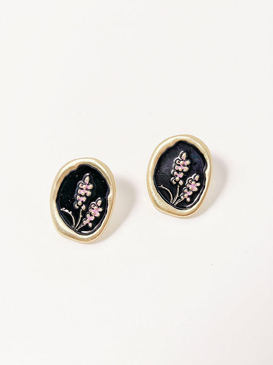 Flower Oval Vintage Black Drip Glaze  Earrings