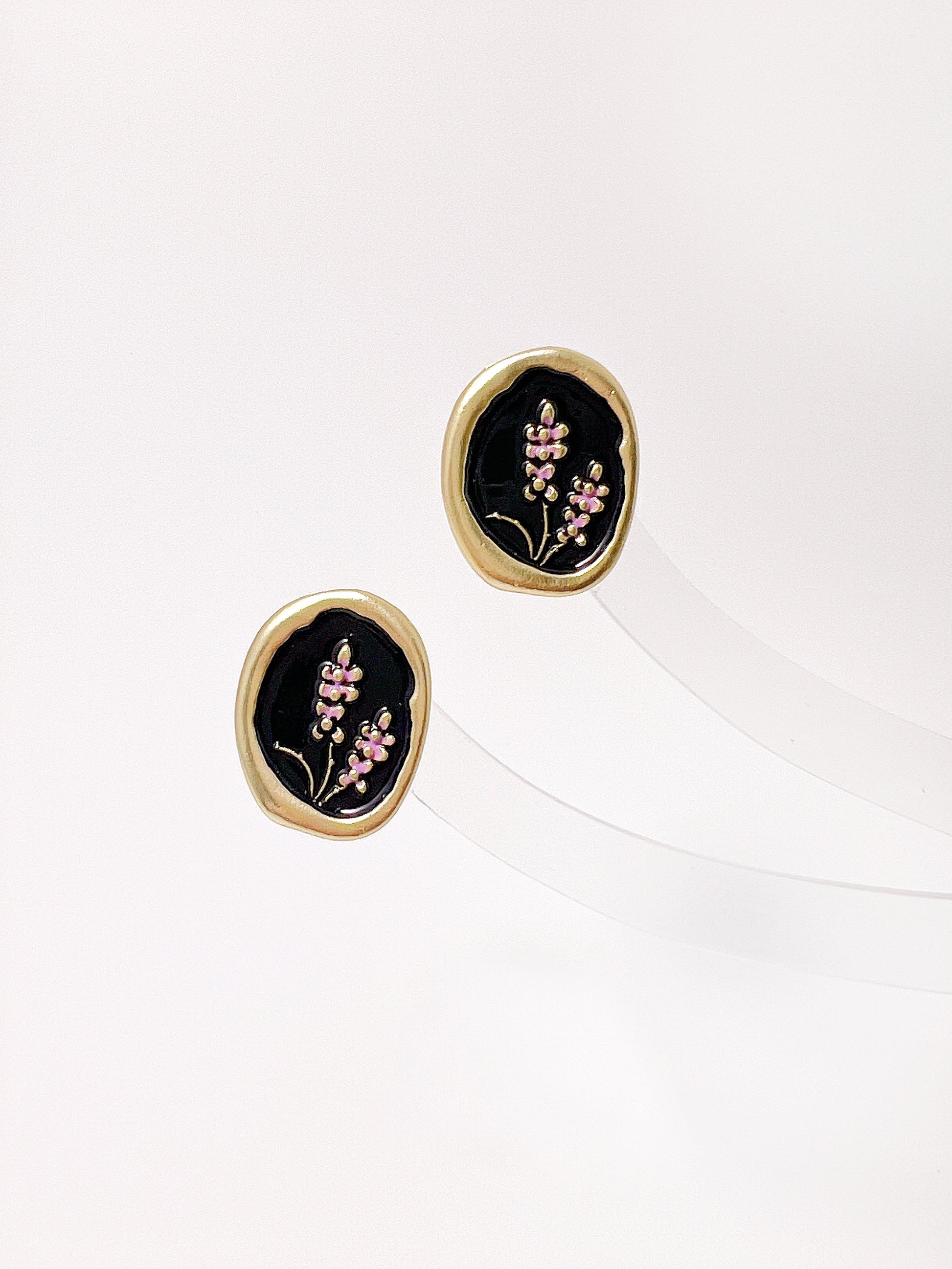 Flower Oval Vintage Black Drip Glaze Earrings - KooGarden