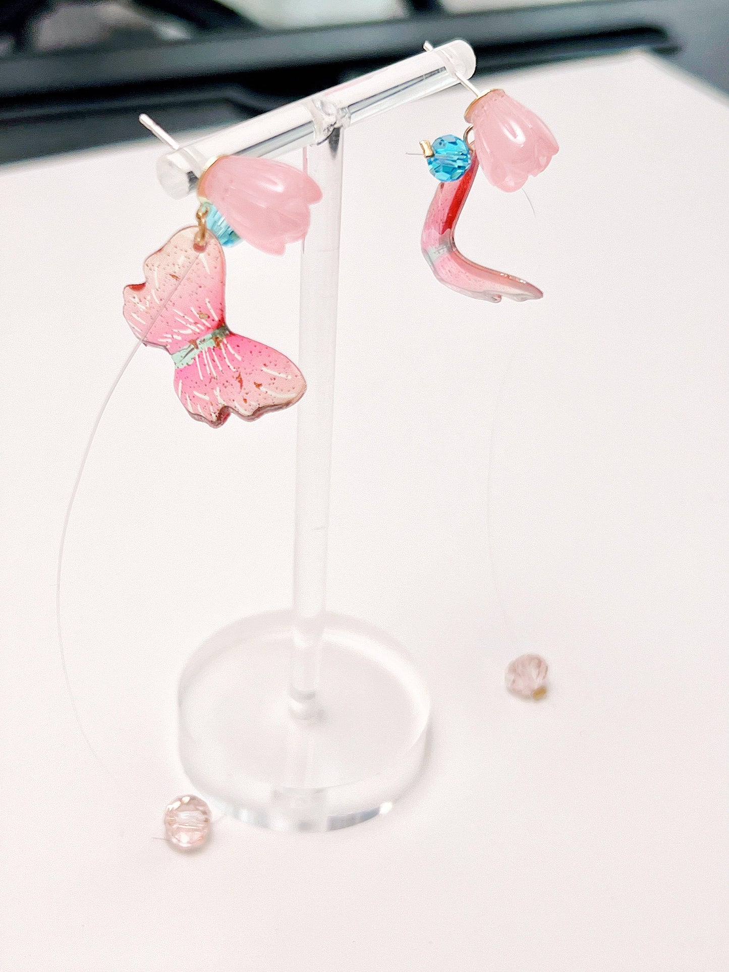 Pink Flower Butterfly Drop Earrings