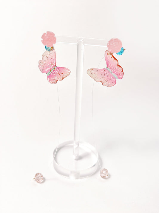 Pink Flower Butterfly Drop Earrings