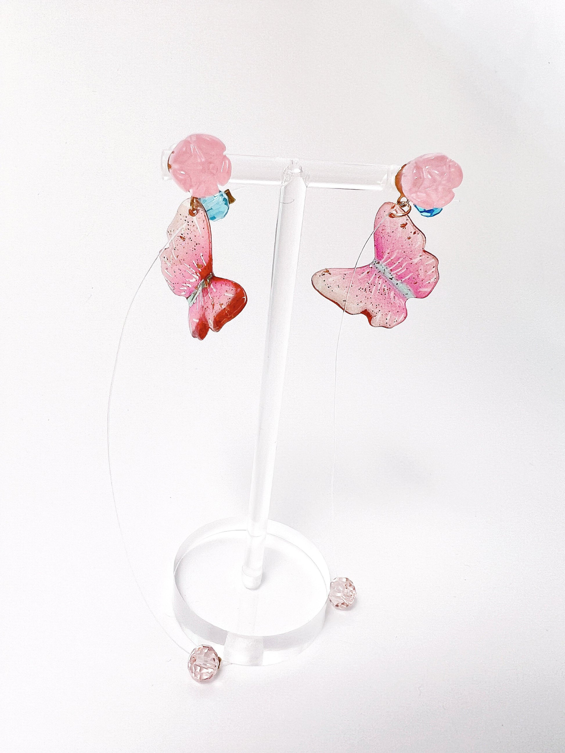 Pink Flower Butterfly Drop Earrings