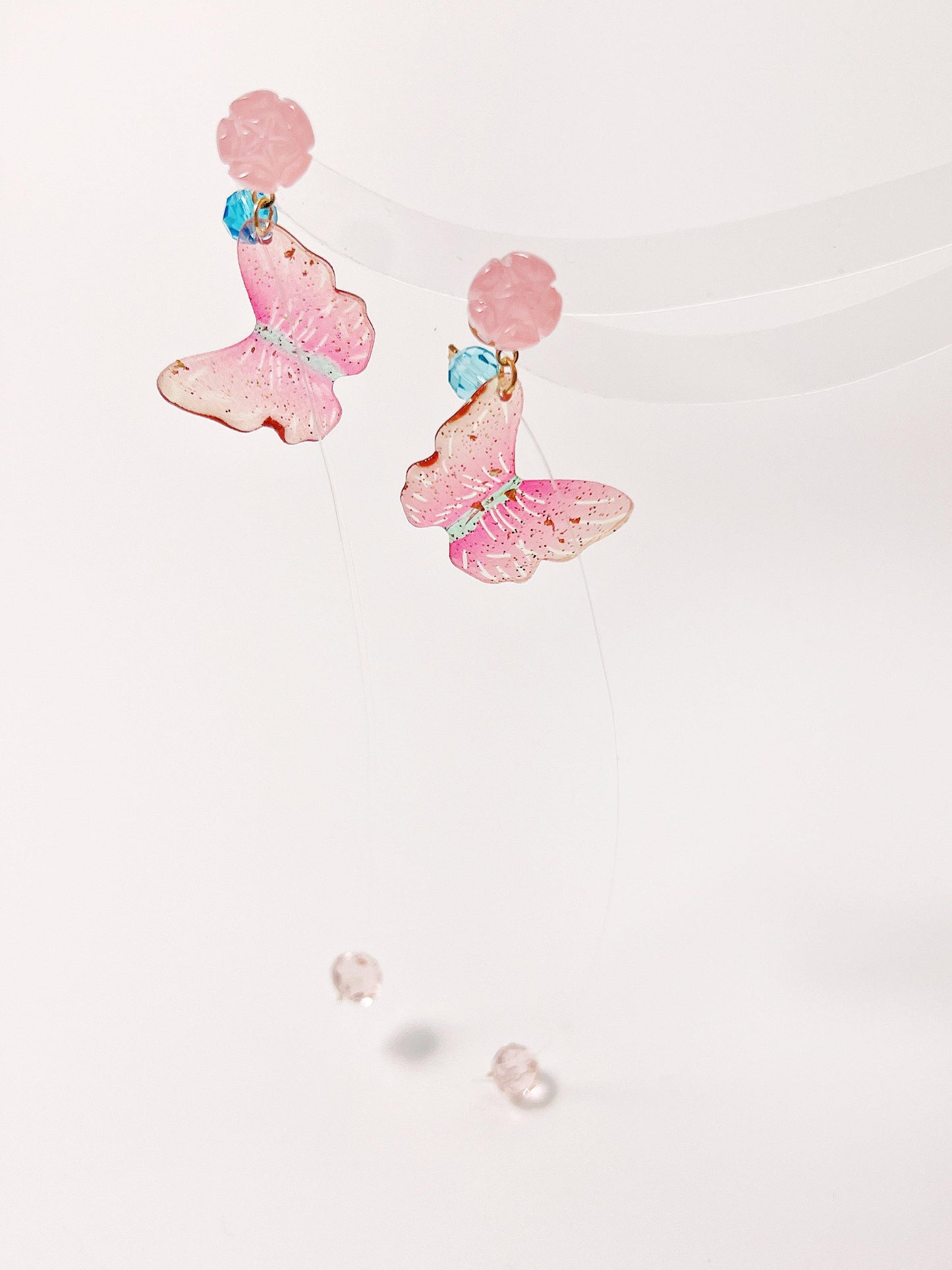 Pink Flower Butterfly Drop Earrings