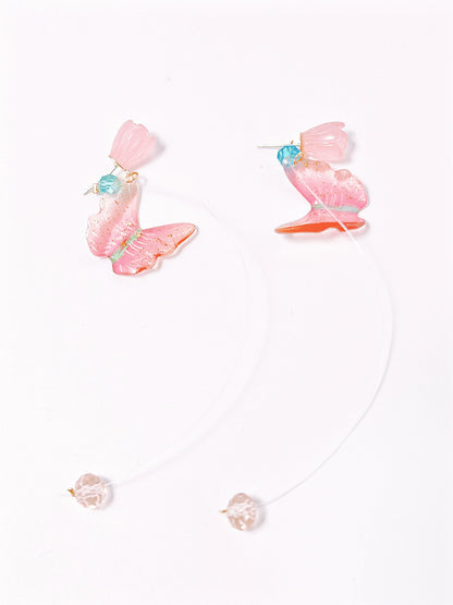 Pink Flower Butterfly Drop Earrings