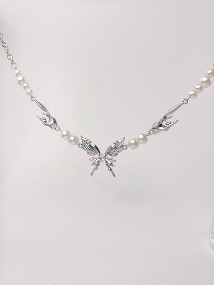 Metal Butterfly White Pearl Necklace - KooGarden