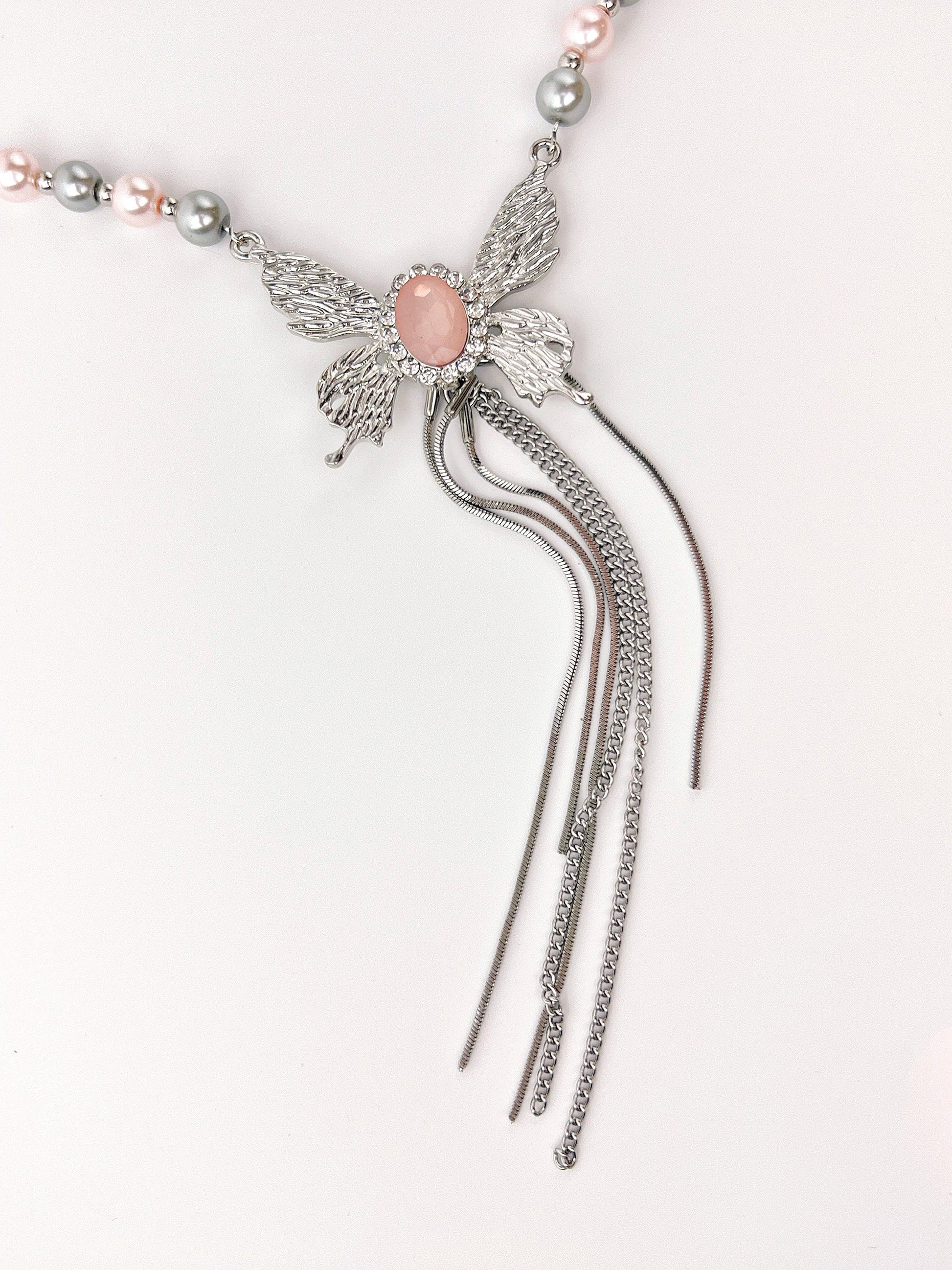 Metal Butterfly Pink Tassel Necklace - KooGarden