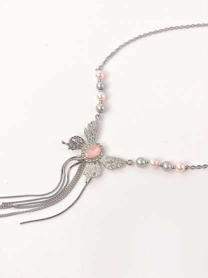 Metal Butterfly Pink Tassel Necklace - KooGarden