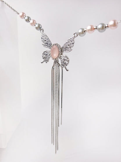 Metal Butterfly Pink Tassel Necklace - KooGarden