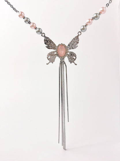 Metal Butterfly Pink Tassel Necklace - KooGarden