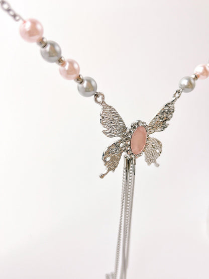 Metal Butterfly Pink Tassel Necklace - KooGarden