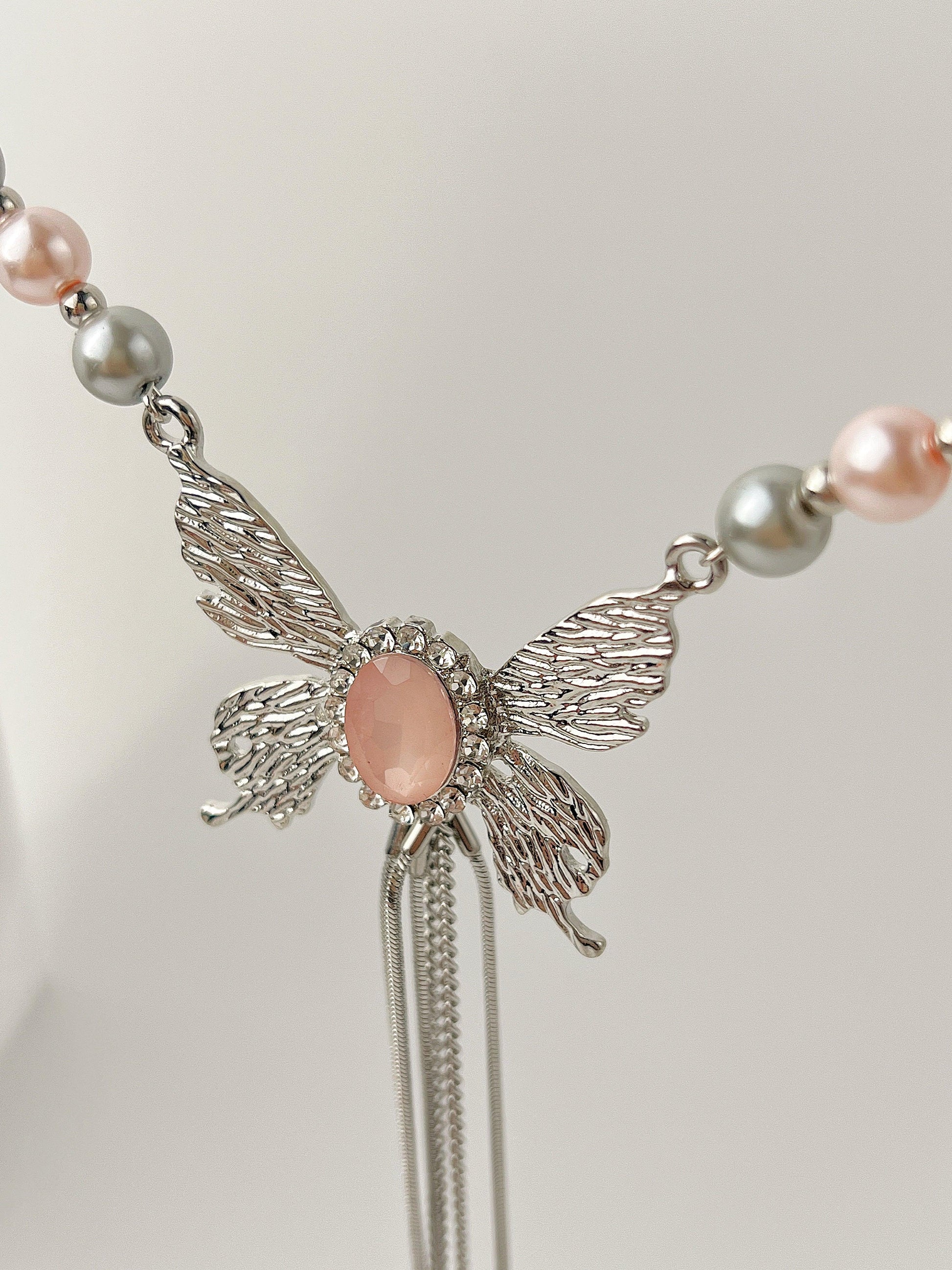 Metal Butterfly Pink Tassel Necklace - KooGarden