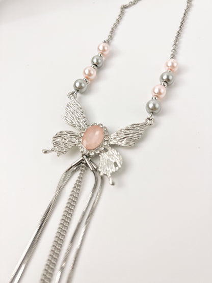 Metal Butterfly Pink Tassel Necklace - KooGarden