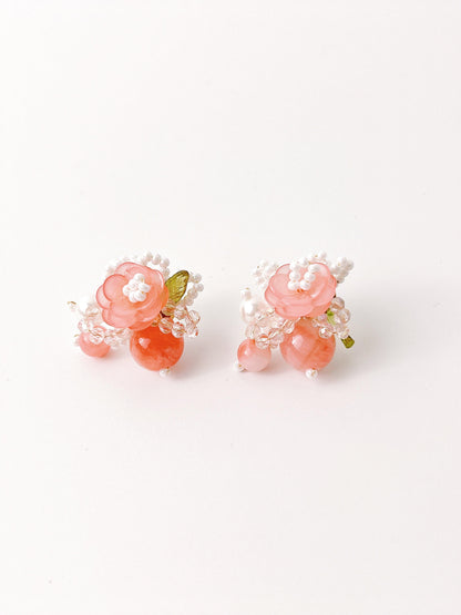 Peach Flower Beaded Earrings