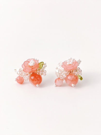 Peach Flower Beaded Earrings