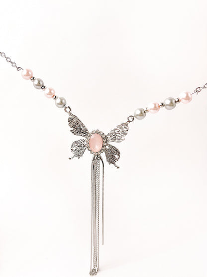 Metal Butterfly Pink Tassel Necklace - KooGarden