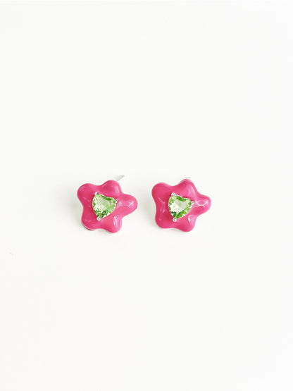 Apple Green Drip Glaze Flower Zircon Earrings