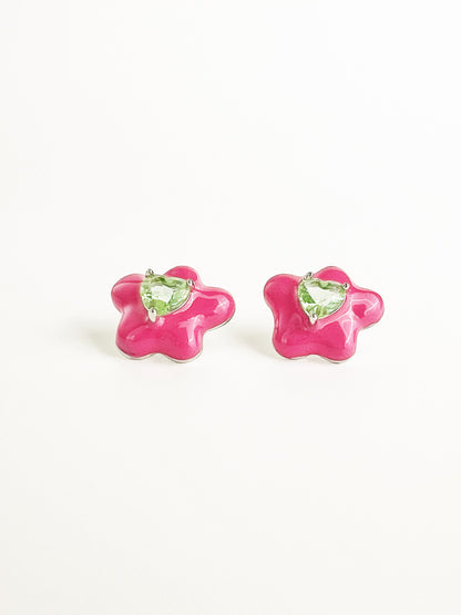 Magenta Drip Glaze Flower Zircon Earrings