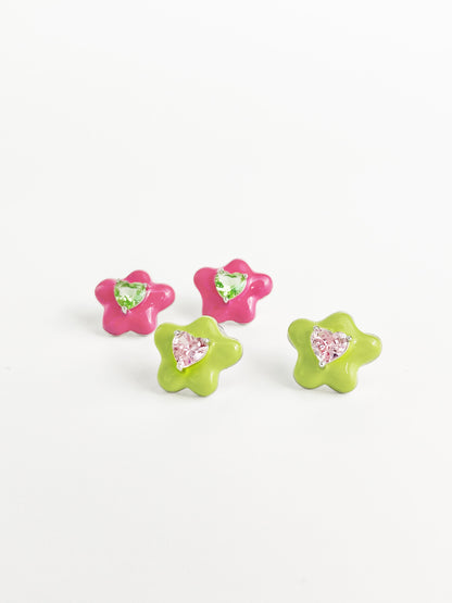 Apple Green Drip Glaze Flower Zircon Earrings