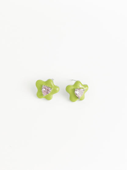 Apple Green Drip Glaze Flower Zircon Earrings