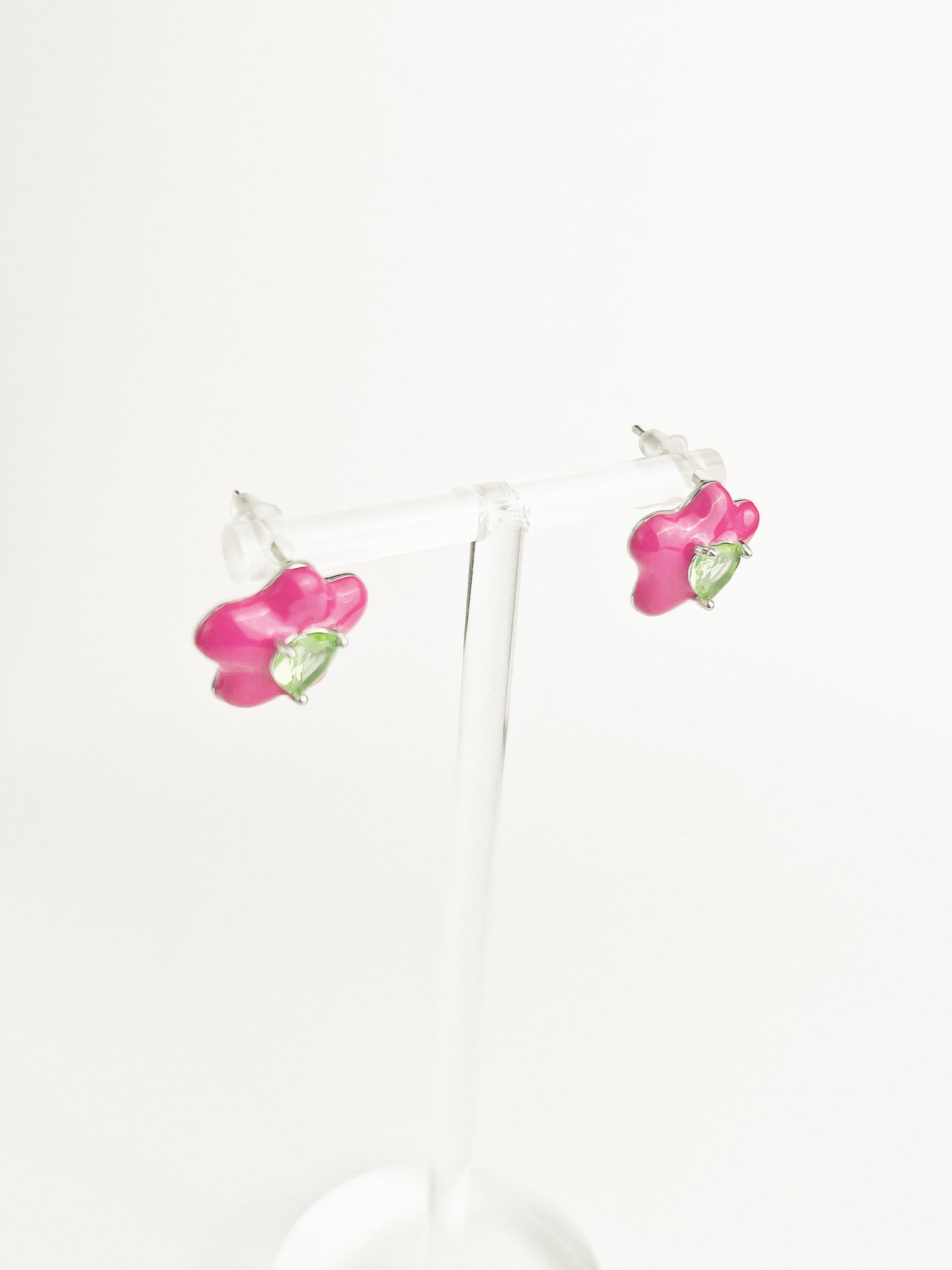 Magenta Drip Glaze Flower Zircon Earrings