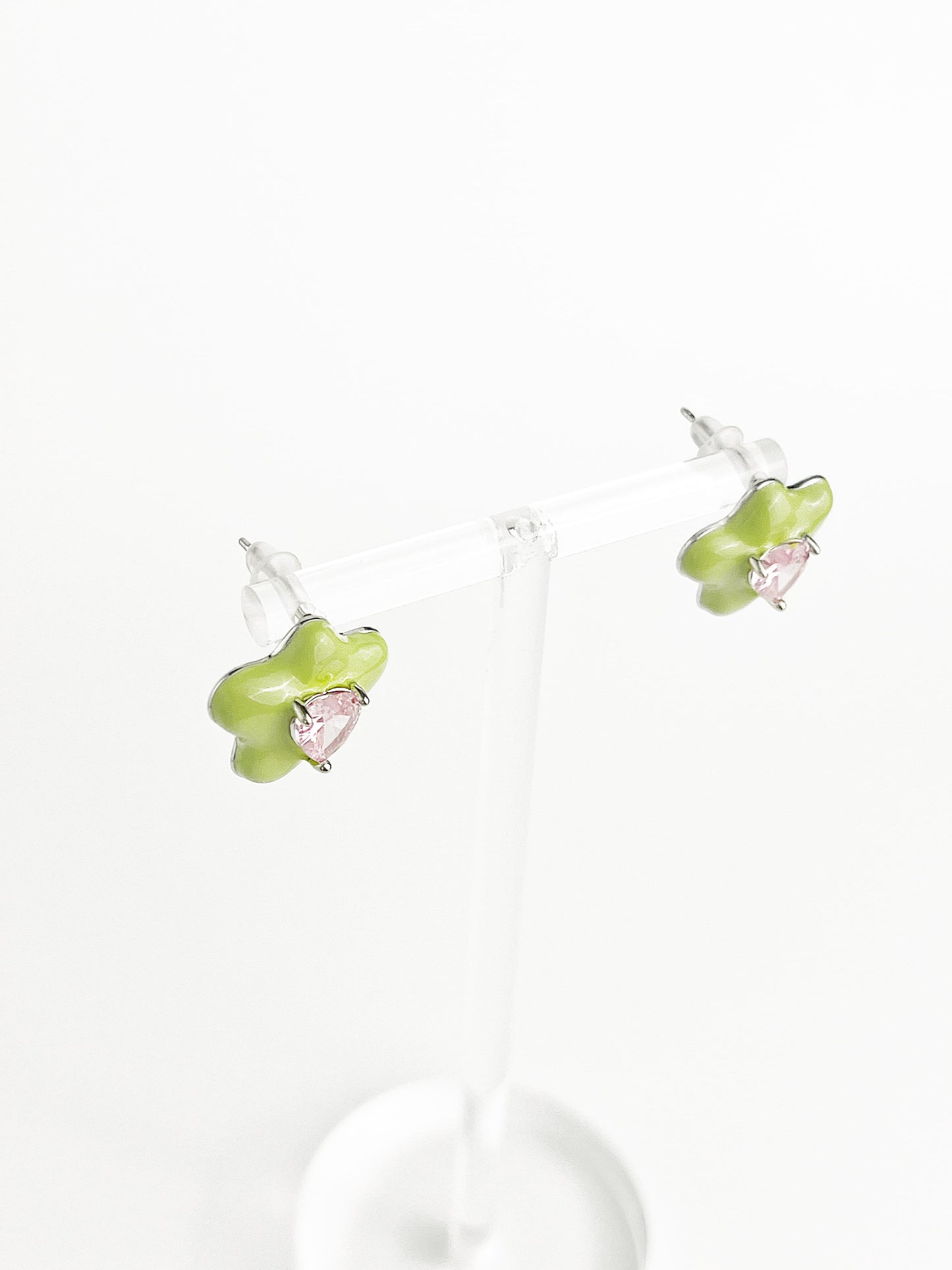 Apple Green Drip Glaze Flower Zircon Earrings