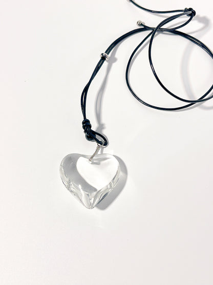 Transparent Heart Necklace with Leather Cord