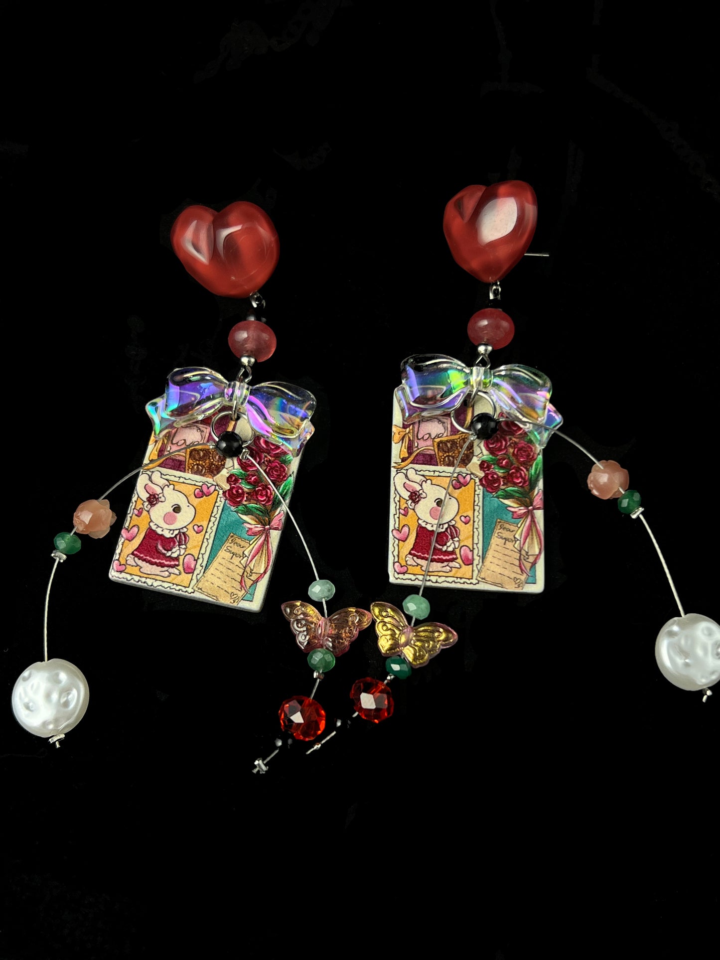 Red Heart Bow Rabbit Sticker Earrings