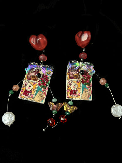 Red Heart Bow Rabbit Sticker Earrings