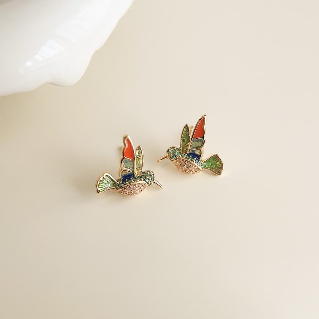 Vintage Zircon Drip Glaze Hummingbird Earrings